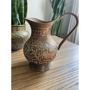 Vintage Copper Pitcher Hammered Floral Copper Vase Patina Copper Handled Pitcher